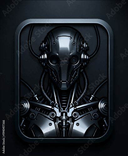 3D vector illustration of a rectangular icon of a vertically located game interface, a gloomy gothic style of a cyborg, a complex structure of biomechanical elements and dark chrome.