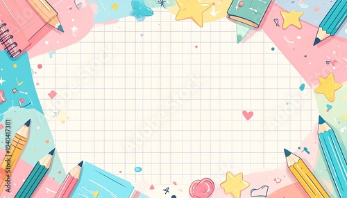 Cute Notebook Grid Paper Background with Doodles Stationery Style Copy Space
