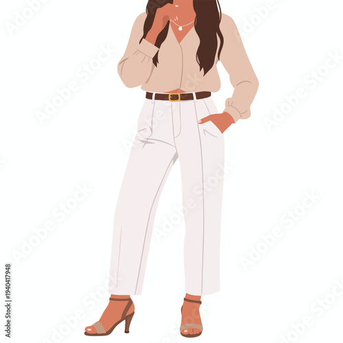 A fashionable woman standing confidently with hands in pockets and holding a phone