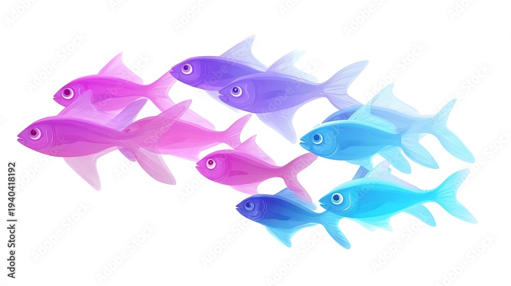 Fototapeta premium Colorful fish swim in gradient shades of pink and blue