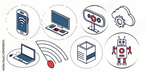 Set of technology and digital communication isometric icons including smartphone, laptop, cloud computing, server, and robot