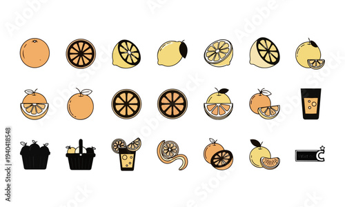Citrus fruits outline filled vector icons set including oranges, lemons, juice, and vitamin C