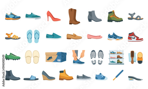 Shoes and footwear flat vector icons set including sneakers, boots, heels, and sandals