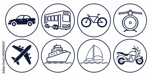 Set of transportation icons in circles, including car, bus, bicycle, helicopter, airplane, cruise ship, sailboat, and motorcycle