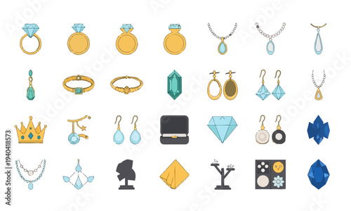 Jewelry and gemstones flat vector icons set including rings, necklaces, and diamonds