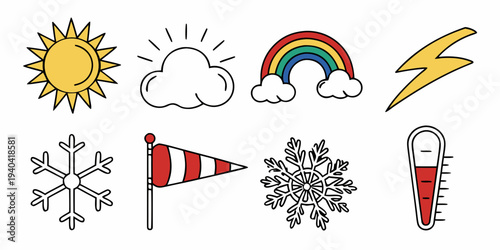 Set of hand drawn weather icons including sun, cloud, rainbow, lightning, snowflake, windsock, and thermometer