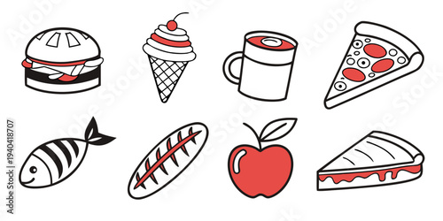 Set of hand drawn food icons including burger, ice cream, coffee, pizza, fish, bread, apple and cake slice