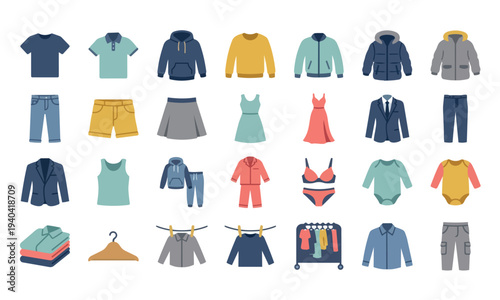 Clothing and apparel flat vector icons set including shirts, dresses, pants, and jackets