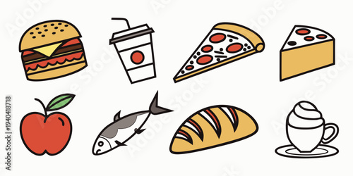Set of hand drawn food and drink icons including burger, pizza, apple, fish, bread, and coffee