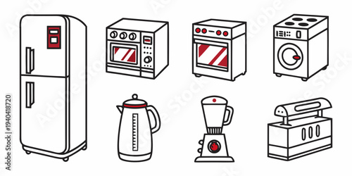 Set of hand drawn kitchen appliances icons including refrigerator, microwave, oven, washing machine, kettle, blender and toaster