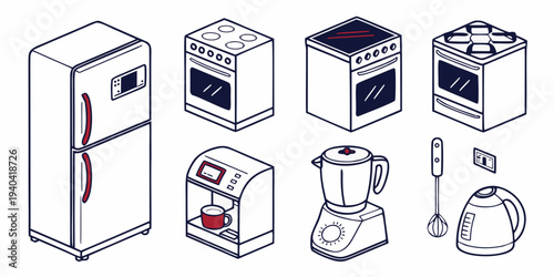 Set of kitchen appliances in isometric style, including refrigerator, stove, coffee machine, blender, whisk and kettle