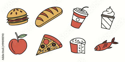 Set of hand drawn food icons including burger bread drink ice cream apple pizza cake and fish
