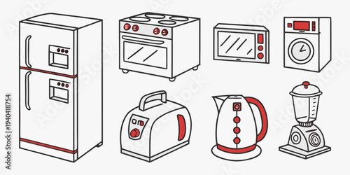 Set of hand drawn kitchen appliances including refrigerator, stove, microwave, washing machine, toaster, kettle and blender