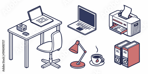 Isometric office workspace elements set with desk, laptop, printer, lamp, coffee cup and folders