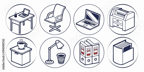 Set of office equipment icons in circular frames including desk, chair, laptop, printer, coffee, lamp, trash bin, folders, and file cabinet