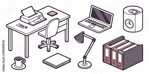 Isometric office workspace elements set including desk, chair, laptop, lamp, printer, coffee cup, and document folders