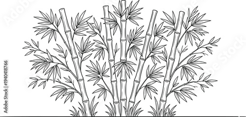 Seamless vector illustration of a vintage floral pattern featuring black and white flowers, green bamboo leaves, and grass silhouettes for a nature-inspired summer wallpaper decoration