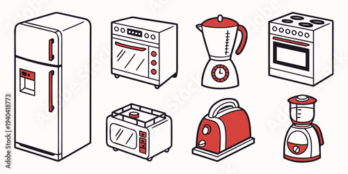 Set of kitchen appliances icons including refrigerator, oven, blender, stove, microwave, and toaster