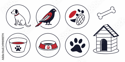 Set of pet care icons including dog, bird, paw print, food bowl, and doghouse