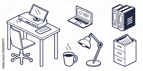 Isometric office workspace elements set with desk chair laptop computer lamp coffee cup and filing cabinets