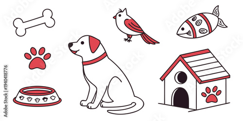 Cute dog and pet accessories doodle collection