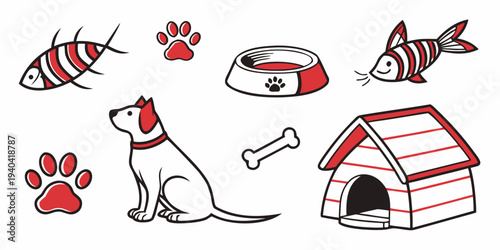 Set of cute pet icons with dog, house, bone, bowl, fish and paw prints