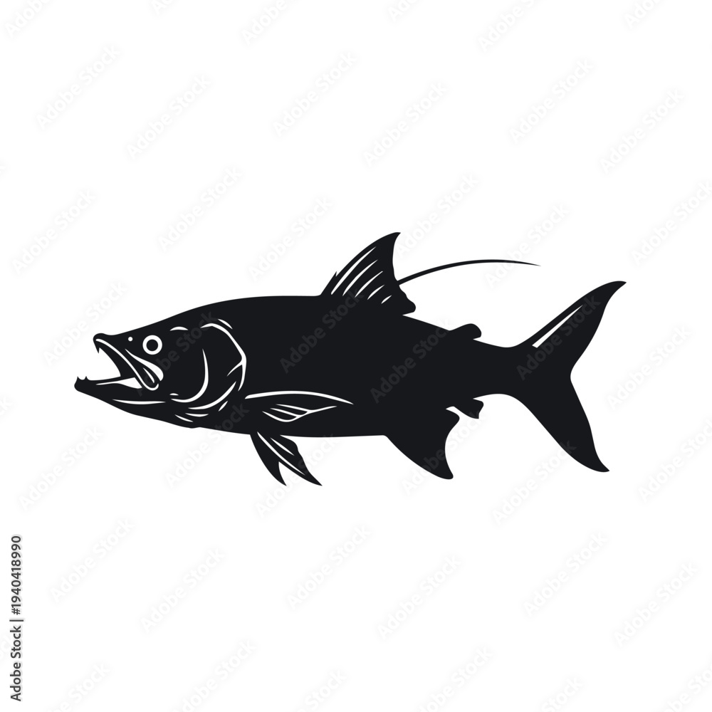 Obraz premium Black Predatory Fish Silhouette Vector - Salmon Trout Game Fish Icon