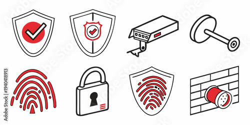 Set of security and surveillance icons including shields, locks, fingerprints, and cameras