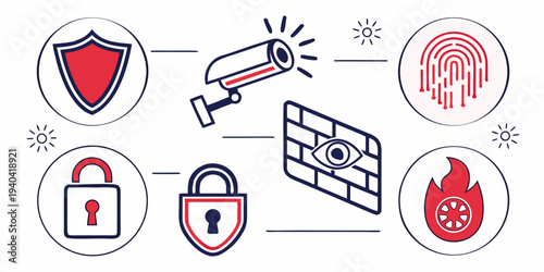 Cyber security concept icons set with surveillance camera, shield, fingerprint, padlock, firewall and fire symbol