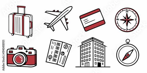 Set of travel and tourism icons including suitcase, airplane, ticket, compass, camera, passport, hotel building