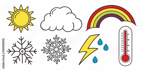 Set of weather icons including sun, cloud, rainbow, snowflakes, lightning, rain, and thermometer