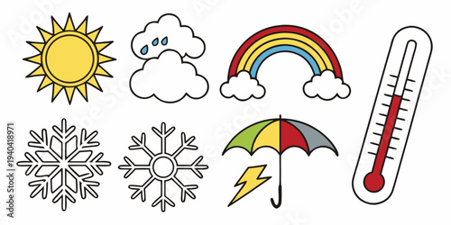 Set of weather icons including sun, rain clouds, rainbow, thermometer, snowflakes, umbrella, and lightning bolt