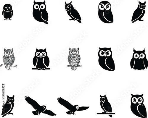 collection of black and white owl silhouettes and illustrations on white background
