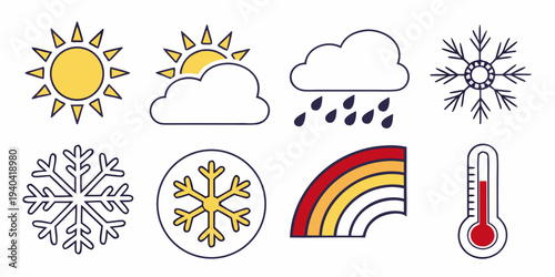 Set of weather icons including sun, clouds, rain, snowflakes, rainbow, and thermometer
