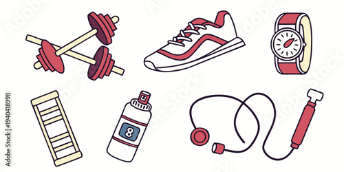 Set of fitness and gym equipment icons in flat style
