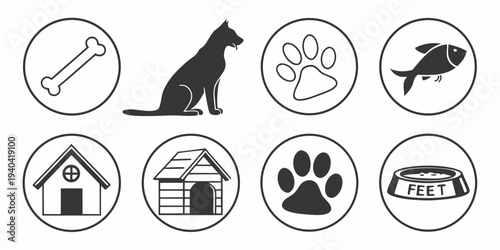 Set of pet icons including dog, bone, paw print, fish, house, kennel, and food bowl