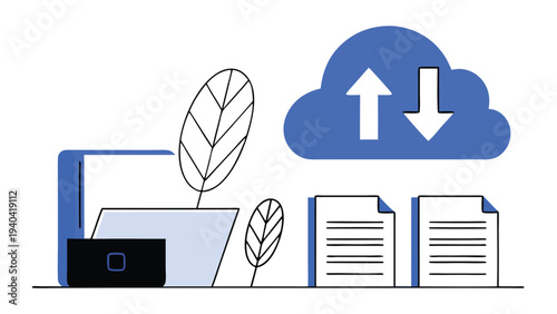 Cloud uploading files with arrows data transfer abstract concept vector illustrations