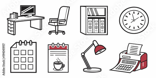 Set of office equipment icons including desk, chair, bookshelf, clock, calendar, lamp, and typewriter