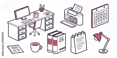 Set of office workspace elements and stationery icons