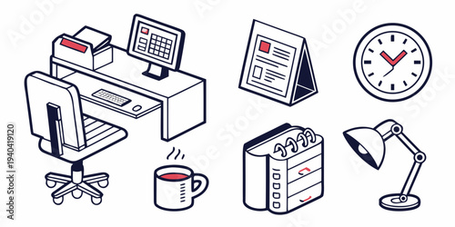 Isometric office workspace elements set including desk chair computer calendar clock lamp and coffee cup