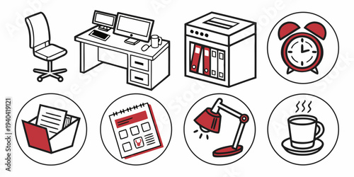 Set of office icons including computer desk, chair, printer, alarm clock, document folder, calendar, lamp and coffee cup