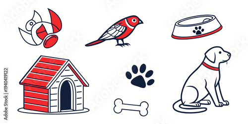 Set of pet care icons including dog, bird, kennel, food bowl, paw print and bone