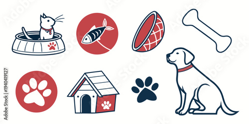 Set of cute pet icons with cat, dog, doghouse, bone, fish and paw prints
