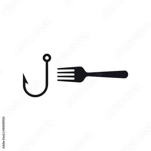 Fishing Hook and Fork Silhouette Vector - Farm to Table Seafood Restaurant Logo Icon