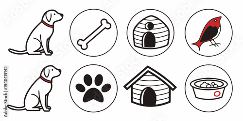 Set of dog icons and pet care symbols including dog, bone, kennel, bird, paw print, and food bowl