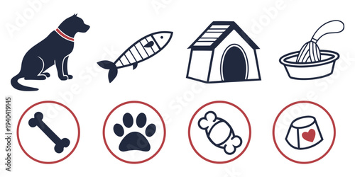 Set of pet icons including dog, fish, kennel, bowl, bone, paw print, and pet food