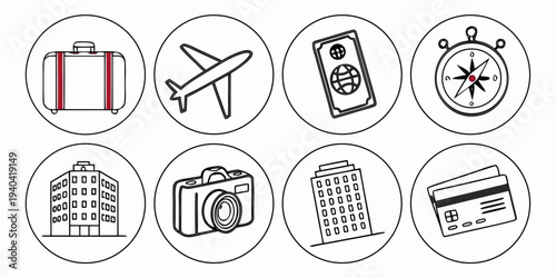 Set of travel and tourism icons in circular frames