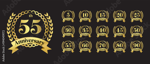 Collection of elegant gold anniversary badges featuring laurel wreaths and numbers 5, 10, 15, 20, 25, 30, 35, 40, 45, 50, 55, 60, 70, 80, 90. Perfect for milestone celebrations.