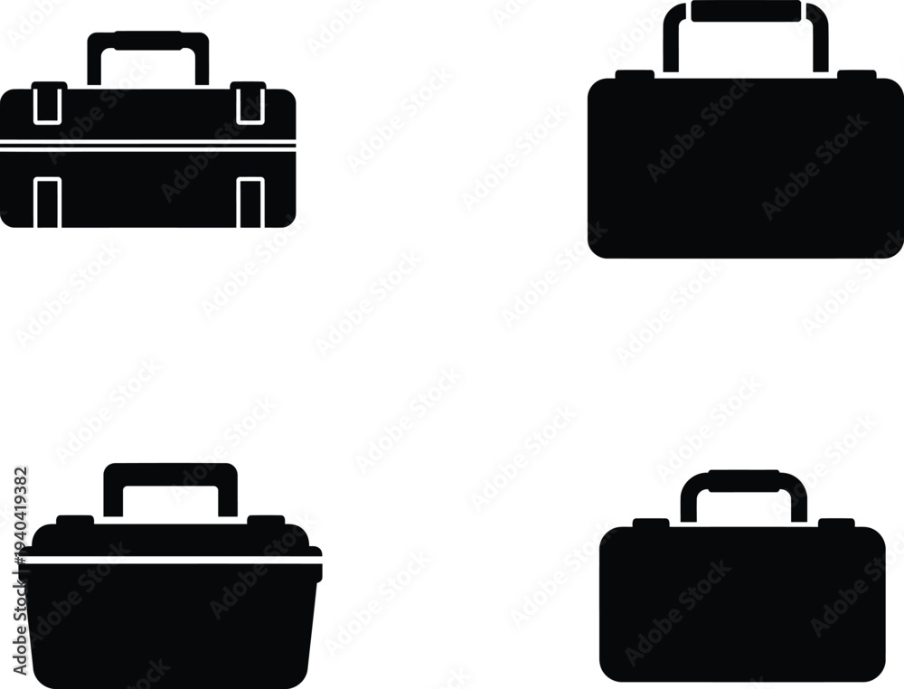 Fototapeta premium Four black and white briefcase icons in different styles and shapes business travel accessories