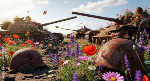 Rusted abandoned tanks in field of wildflowers and butterflies